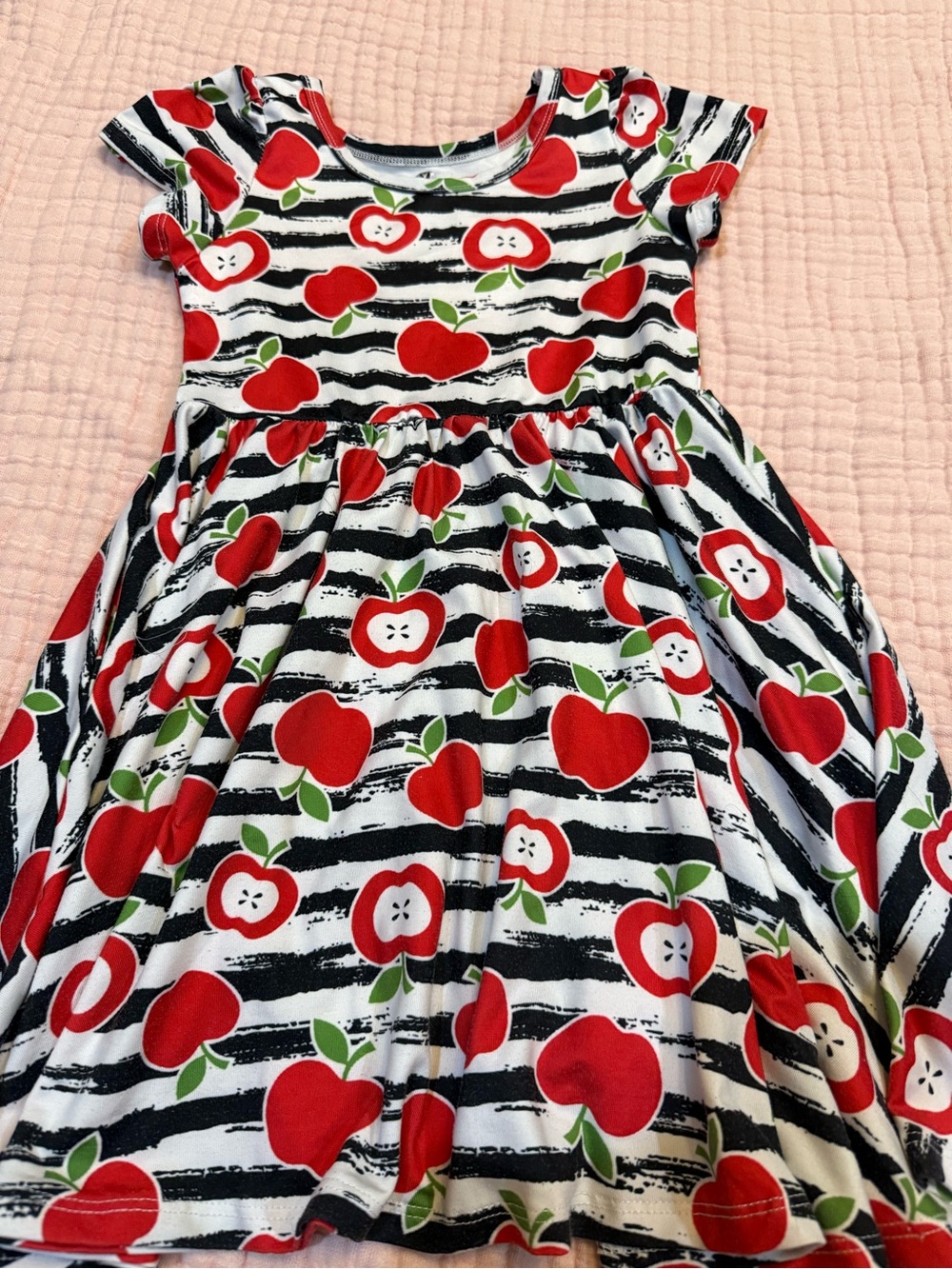 Girls' Red Apple Print Black & White Stripe Dress